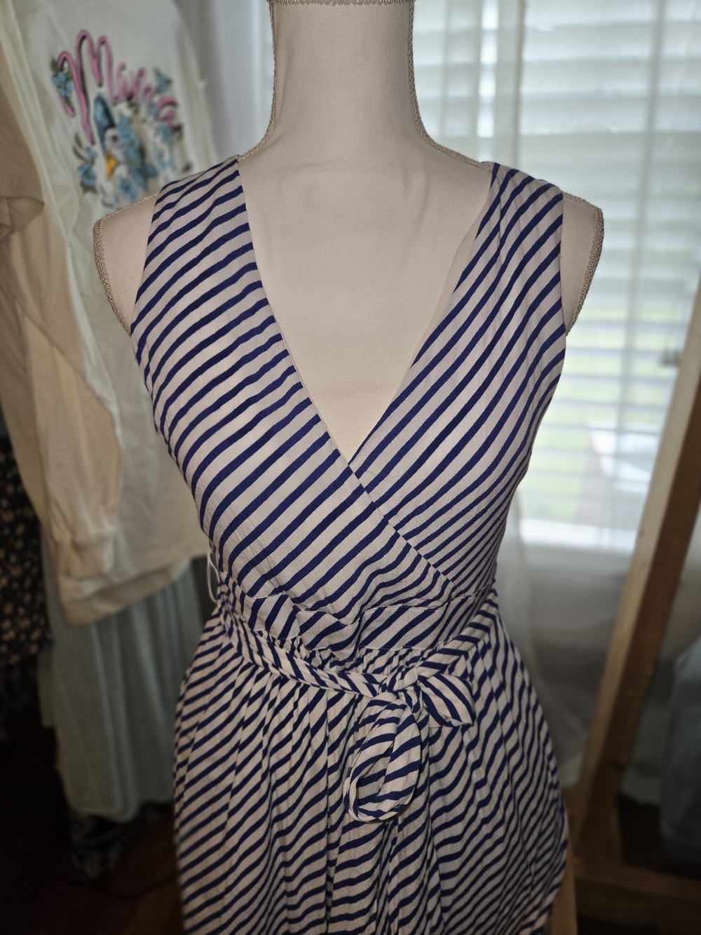 LOFT Navy and White Striped Wrap Midi Dress